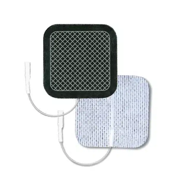 Electrodo pregelado rectangular de 5x10 cm, de color negro, con diseño impreso con tinta plata.
